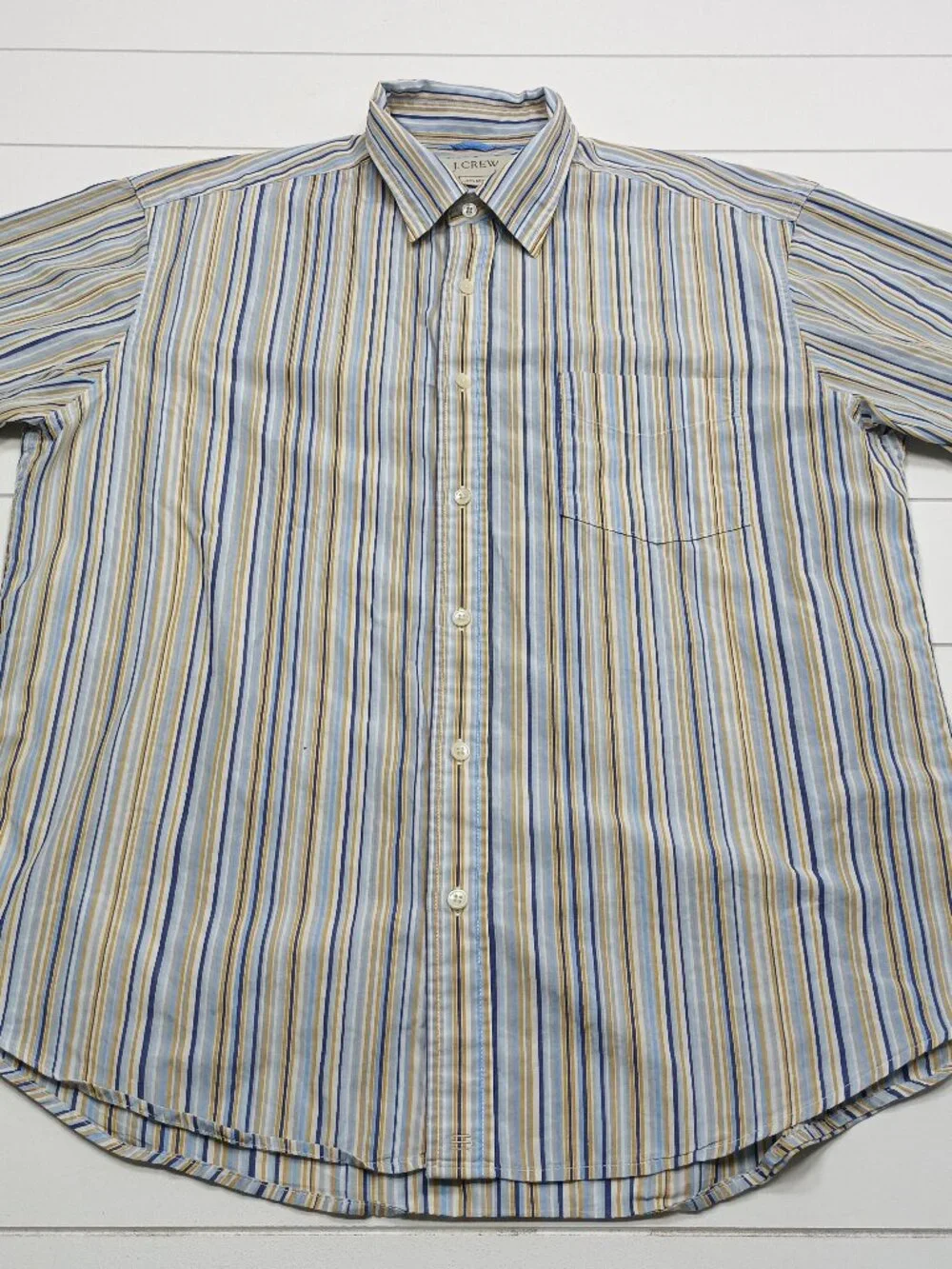 J.Crew Striped Button Front Shirt Mens L Blue Yellow Cotton Casual Preppy Pocket